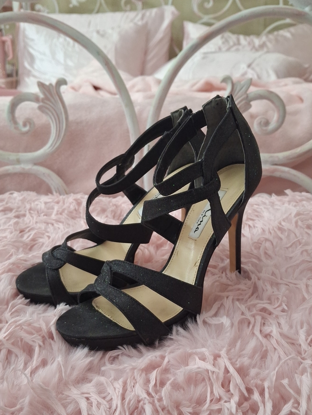 Nina New York Black Glitter Strappy Platform Stiletto Heels